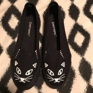 Black Cat Face Canvas Flats W8M6